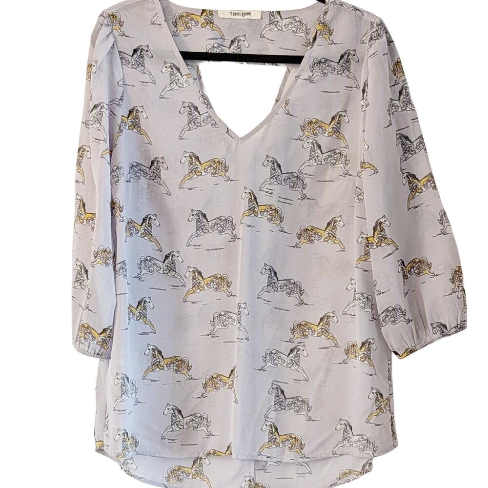 Daniel Rainn Horse Print Blouse L Equestrian Sheer V Neck Novelty Top
